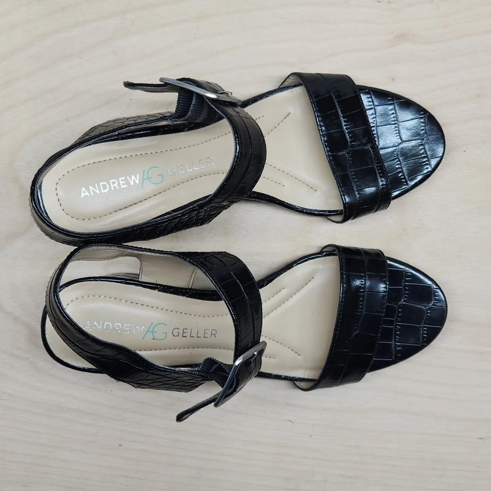 Andrew Geller Burbank Black Crocodile Sandals Platforms Buckle Women's Sz 8 1/2M